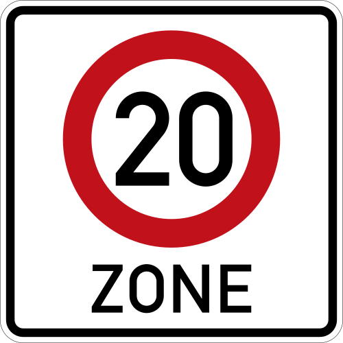Beginn einer Tempo 20-Zone in verkehrsberuhigten Geschäfts- bereichen