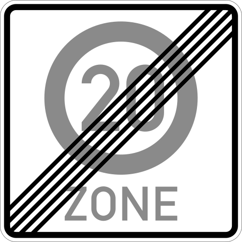 Ende einer Tempo20-Zone in verkehrsberuhigten Geschäfts- bereichen