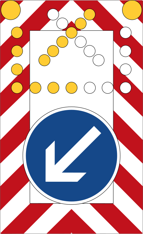 Fahrbare Absperrtafel mit Blinkpfeil (große Ausführung); 3600 × 2200 mm; Streifen 36 cm hoch