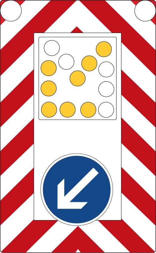 Fahrbare Absperrtafel mit Blinkpfeil (kleine Ausführung); 2500 × 1700 mm; Streifen 25 cm hoch